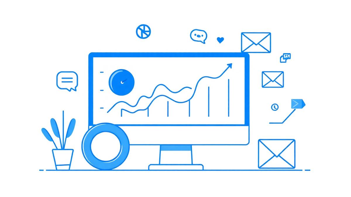 Illustration of a digital marketing analytics dashboard showing growth charts and campaign icons
