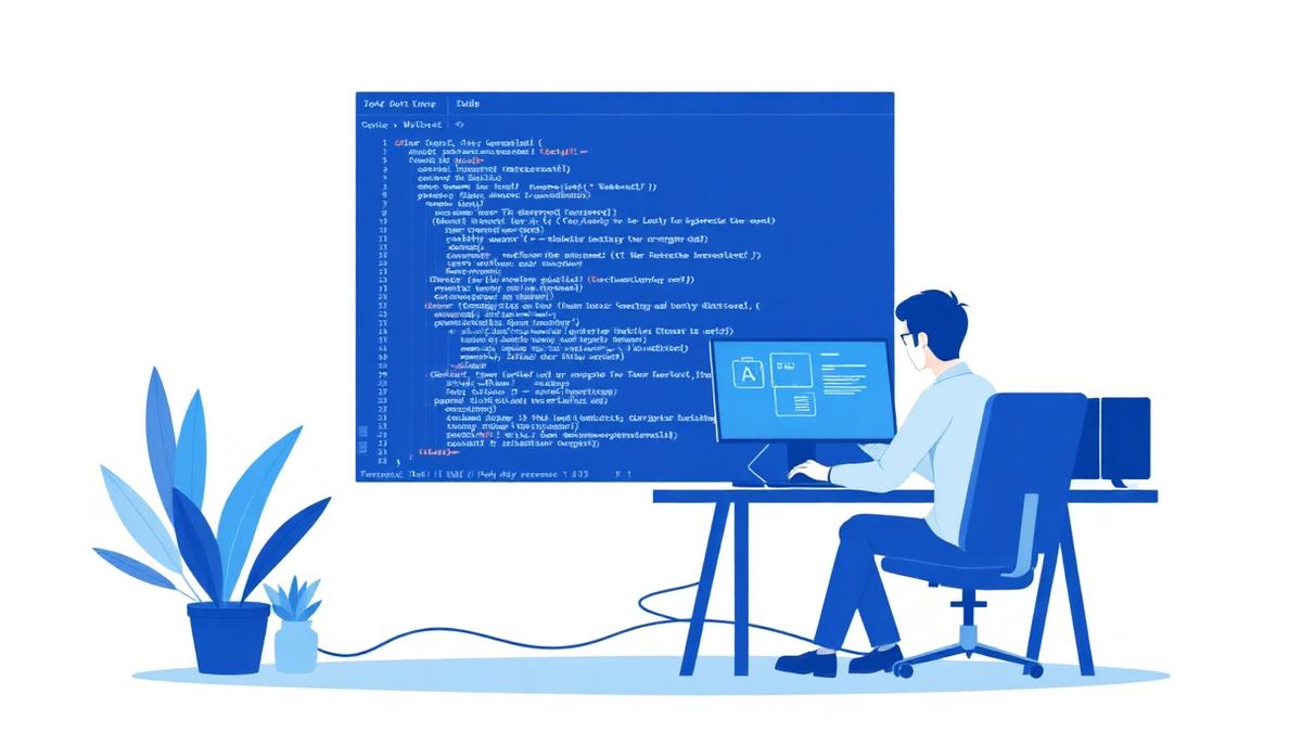 Illustration of a freelance web developer coding on a large monitor with a browser preview